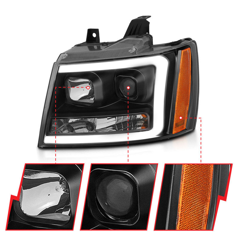 ANZO 07-14 Chevy Tahoe Projector Headlights w/ Plank Style Design Black w/ Amber - GTR Auto