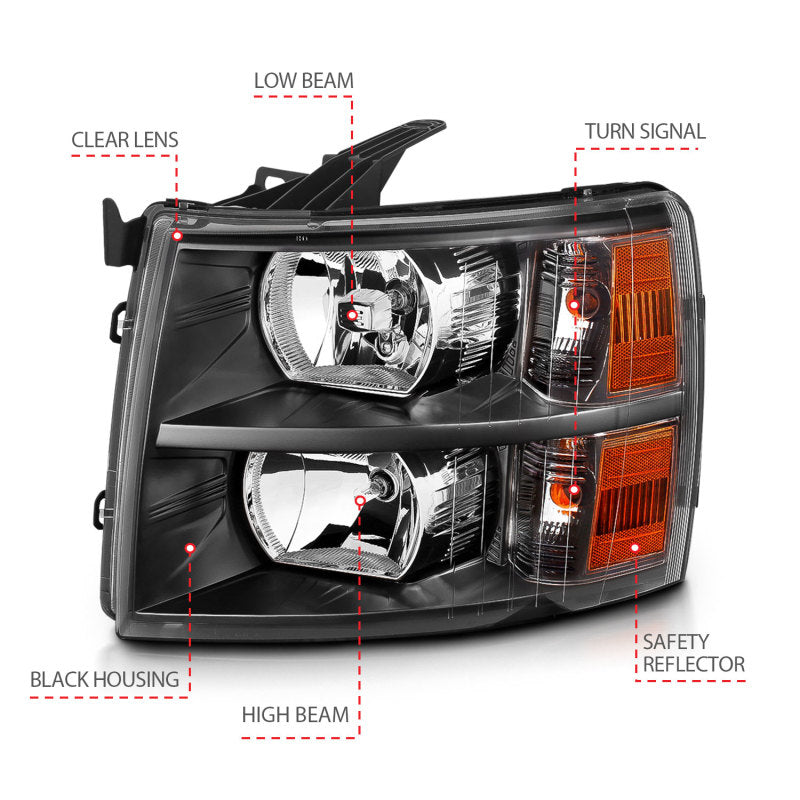 ANZO 2007-2013 Chevrolet Silverado Crystal Headlights Black - GTR Auto