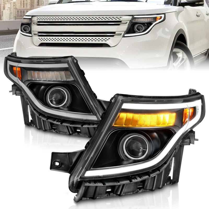 ANZO 11-15 Ford Explorer (w/Factory Halogen HL Only) Projector Headlights w/Light Bar Black Housing - GTR Auto
