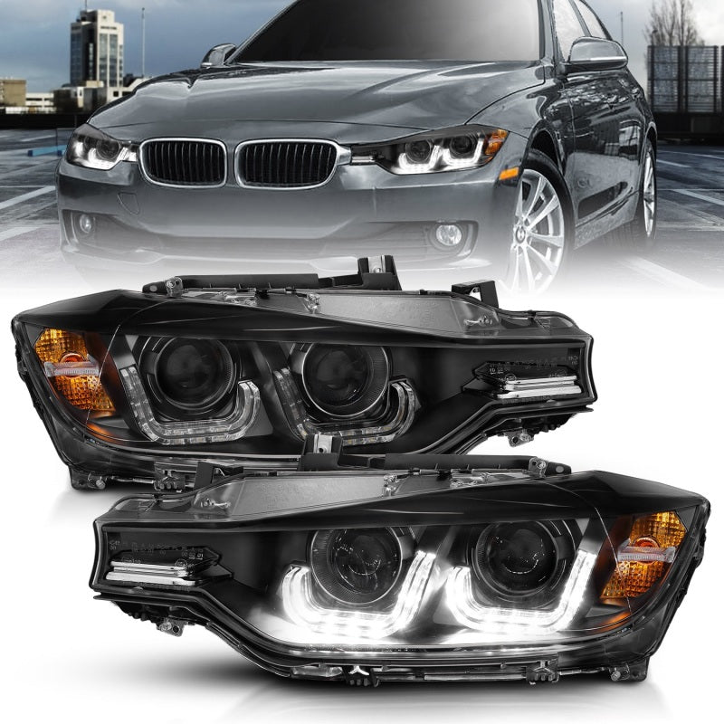 ANZO 2012-2015 BMW 3 Series Projector Headlights w/ U-Bar Black - GTR Auto