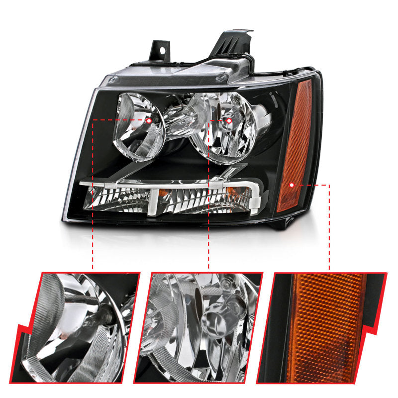 ANZO 2007-2014 Chevrolet Tahoe/Suburban Crystal Headlights Black - GTR Auto