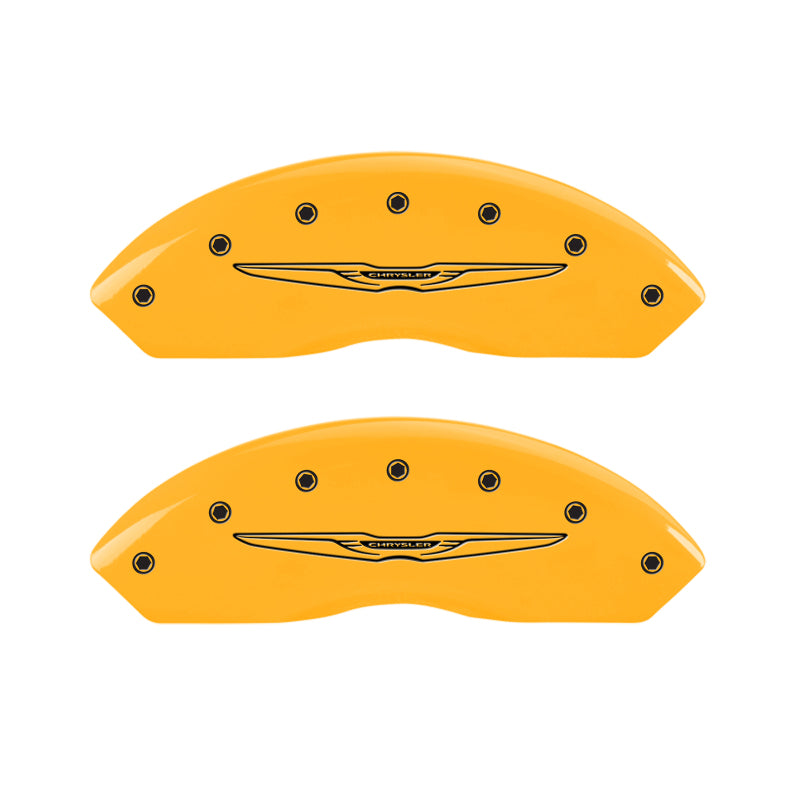 MGP 4 Caliper Covers Engraved Front & Rear Style 2/Chrysler Wing Yellow finish black ch 32021SCW2YL