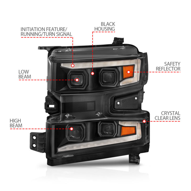 ANZO 19-22 Chevrolet Silverado 1500 LED Proj HL w/Lgt Bar SwBk Seq. Blk w/In. Light - Driver Side ON - GTR Auto