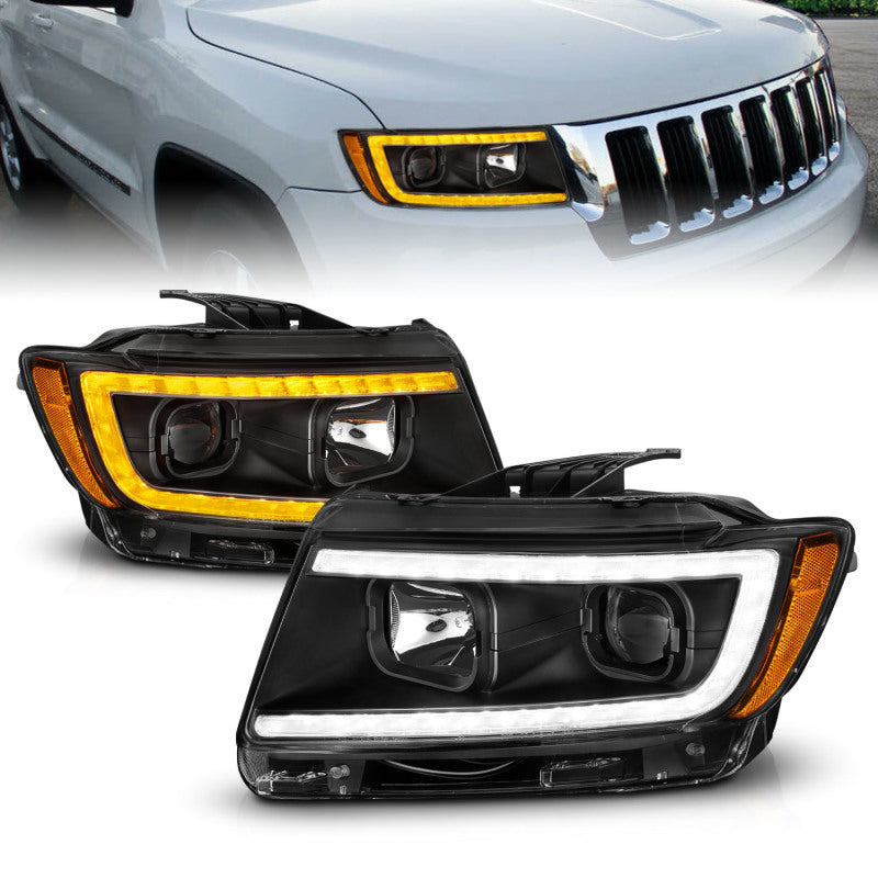 ANZO 11-13 Jeep Grand Cherokee (Factory Halogen Only) Projector Headlights w/Light Bar Swtchbk Black - GTR Auto