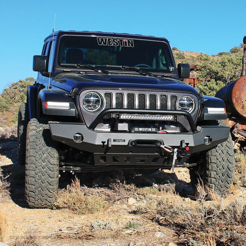 Westin 18-19 Jeep Wrangler JL WJ2 Full Width Front Bumper w/Bull Bar Textured Black - GTR Auto