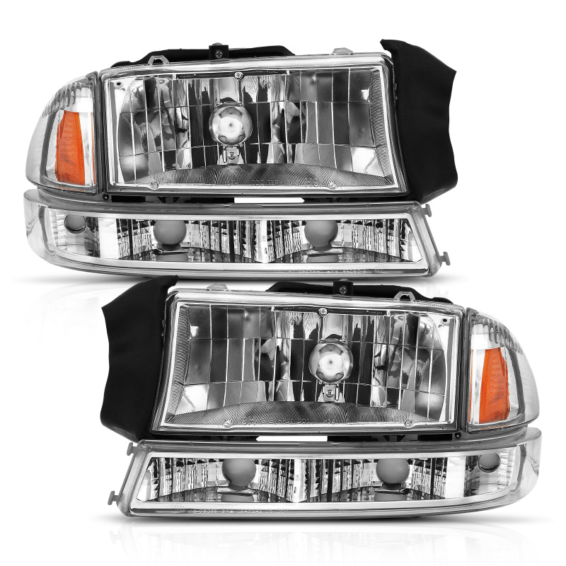 ANZO 1997-2004 Dodge Dakota Crystal Headlight Set Chrome Amber - GTR Auto