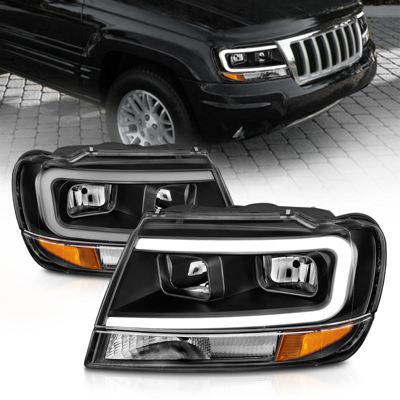 ANZO 99-04 Jeep Grand Cherokee Crystal Headlights - w/ Light Bar Black Housing - GTR Auto