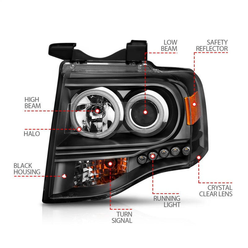 ANZO 2007-2014 Ford Expedition Projector Headlights w/ Halo Black - GTR Auto