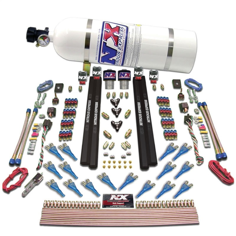 Nitrous Express Shark Dual Stage/Gas/Rails 16 Nozzles Nitrous Kit (200-1200HP) w/15lb Bottle 90208-15